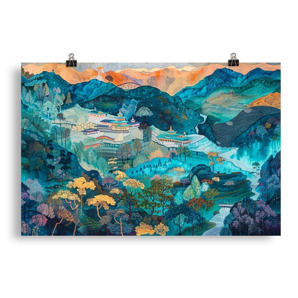 Bhutanese Landscape Vibrant Traditional Painting Hilltop Monasteries Art Poster - Oh Posters