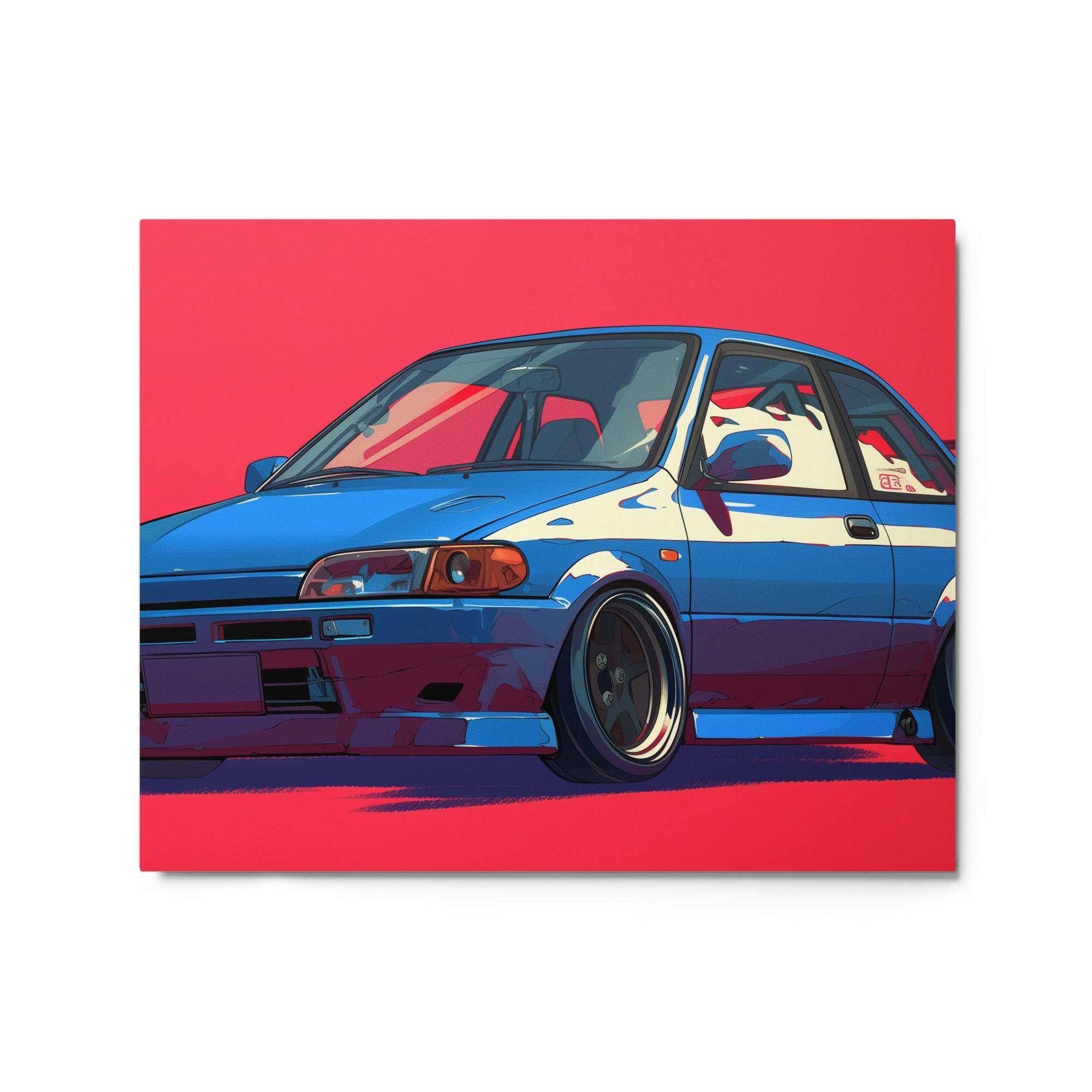 Blue JDM 90s Hatchback Bold Racing Style Digital Artwork Metal Poster - Oh Posters