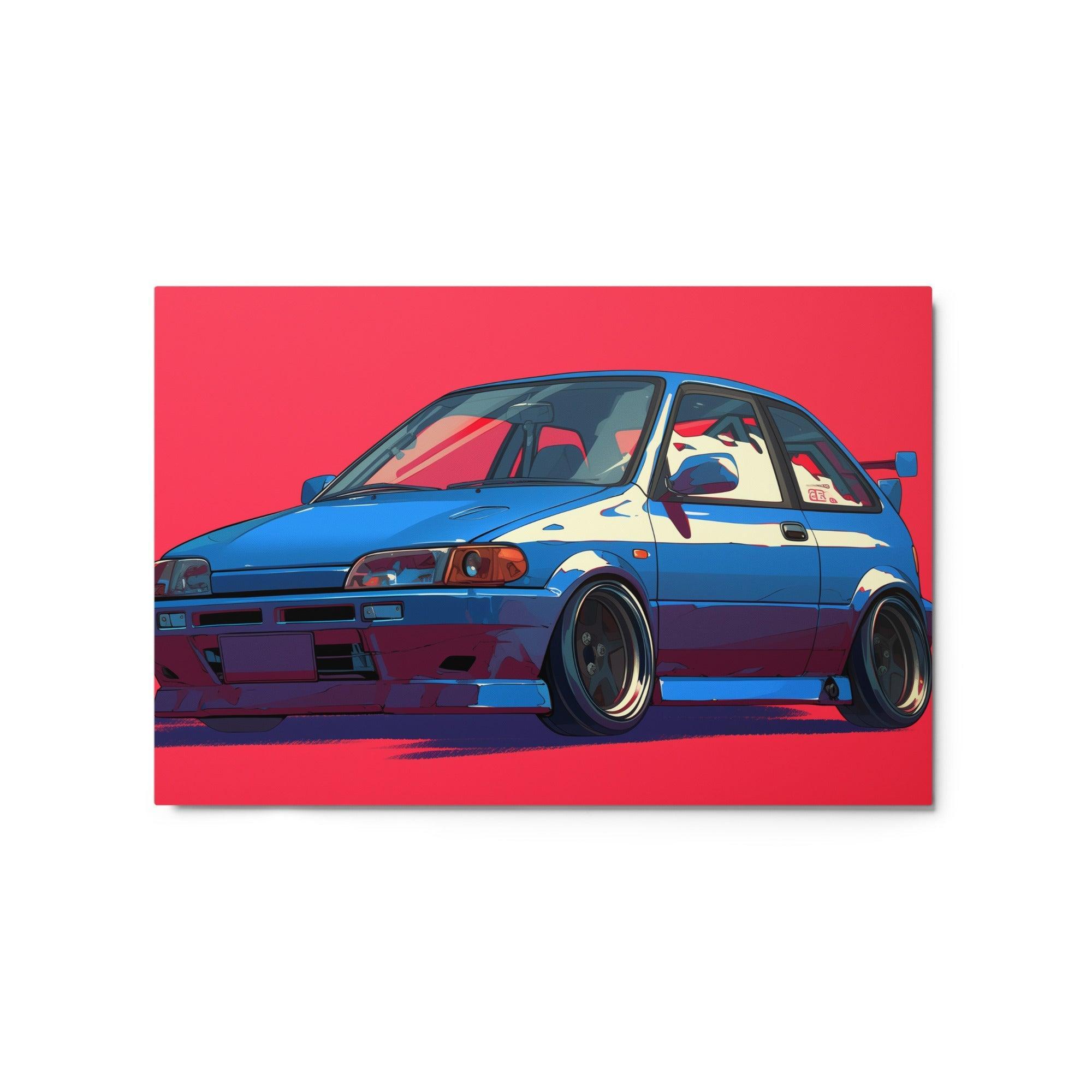 Blue JDM 90s Hatchback Bold Racing Style Digital Artwork Metal Poster - Oh Posters