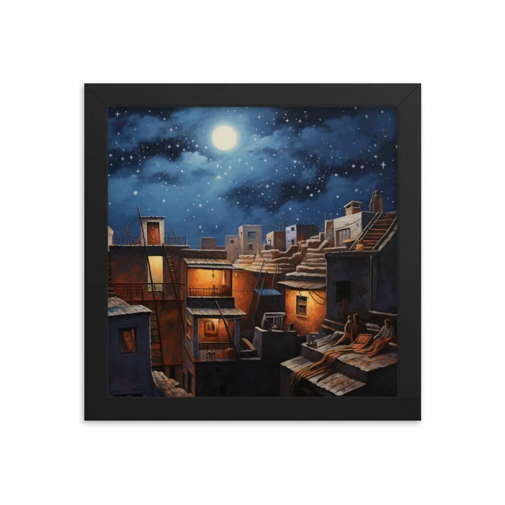 Indian Rooftop House Starry Night Sky Painting Framed Poster - Oh Posters