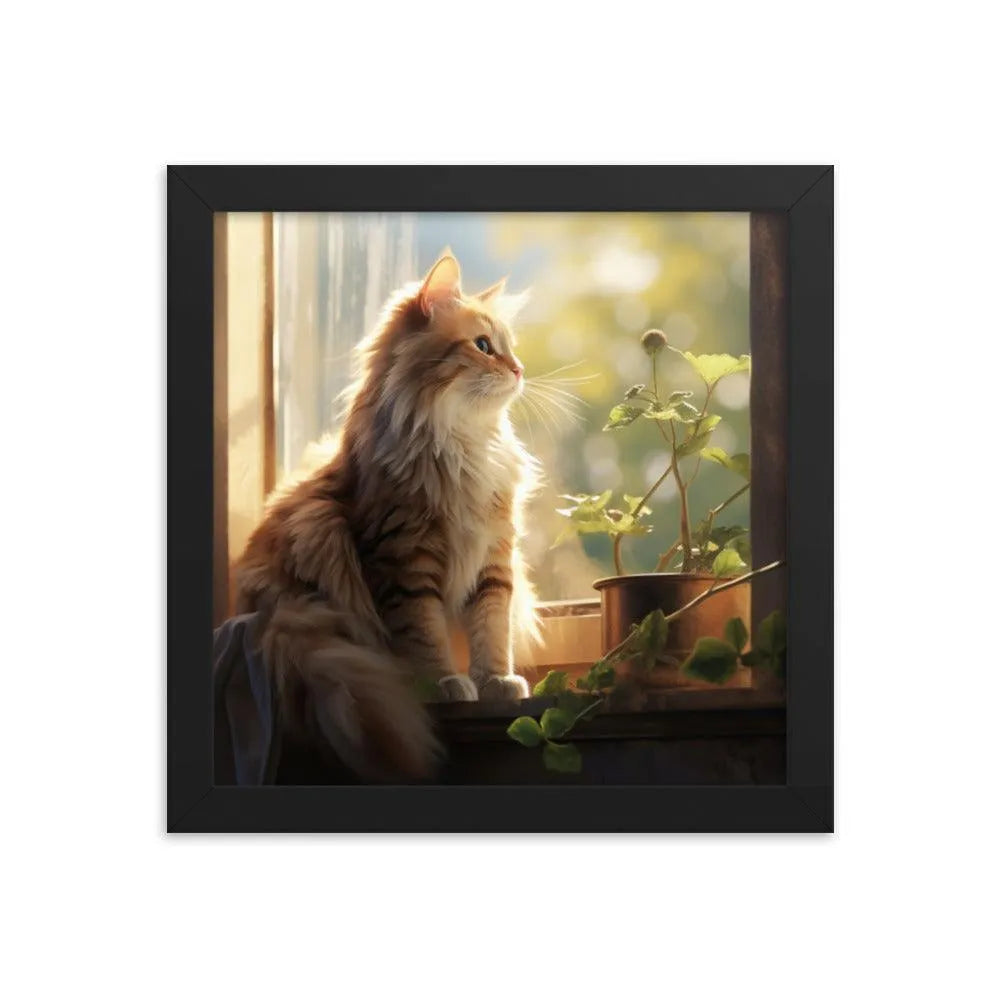 Cat Observing Sunny Countryside Morning Framed Poster - Oh Posters
