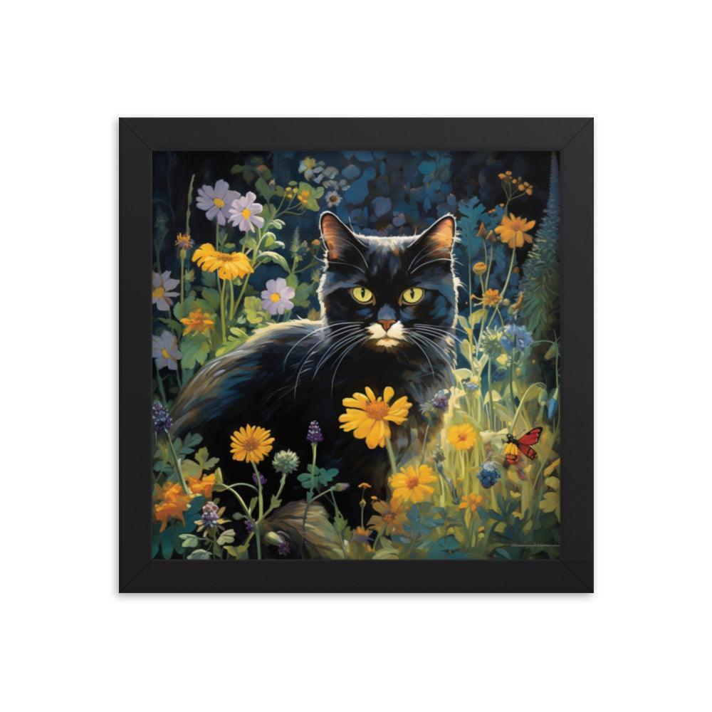 Cat in Moonlit Floral Garden Framed Poster - Oh Posters