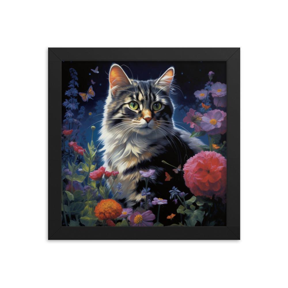 Cat in Moonlit Floral Garden Framed Poster - Oh Posters