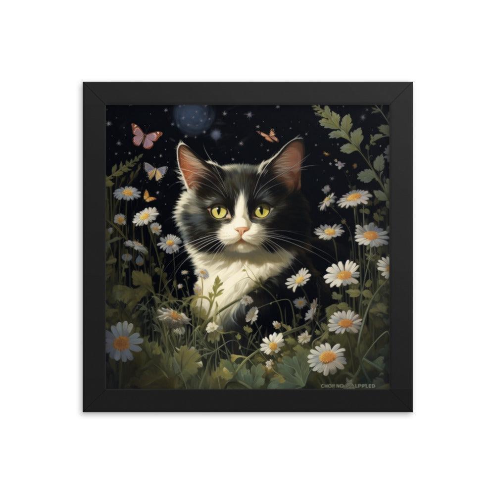 Cat in Moonlit Floral Garden Framed Poster - Oh Posters