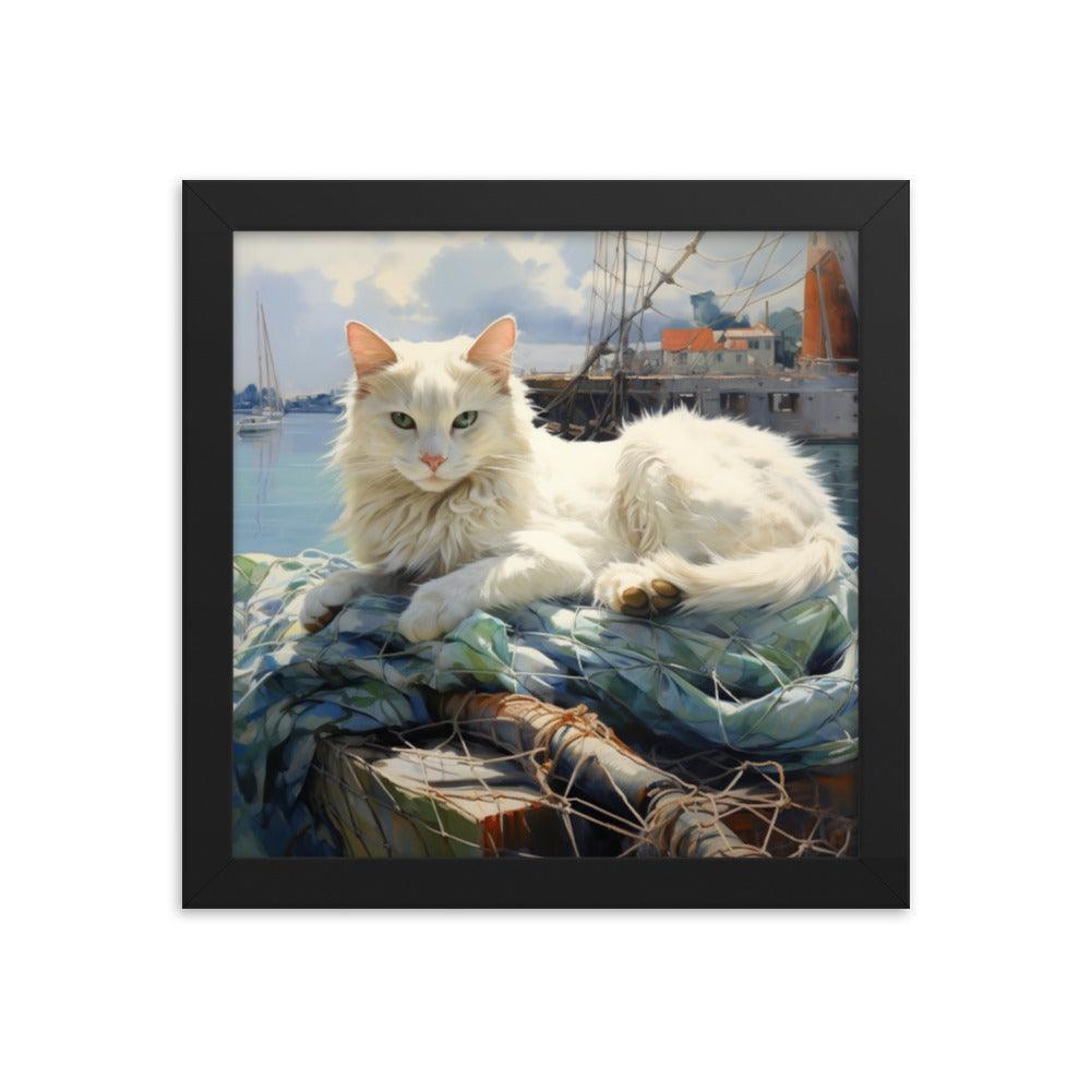 Cat Lounging at Seaside Harbor Framed Poster - Oh Posters