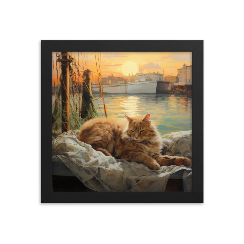 Cat Lounging at Seaside Harbor Framed Poster - Oh Posters