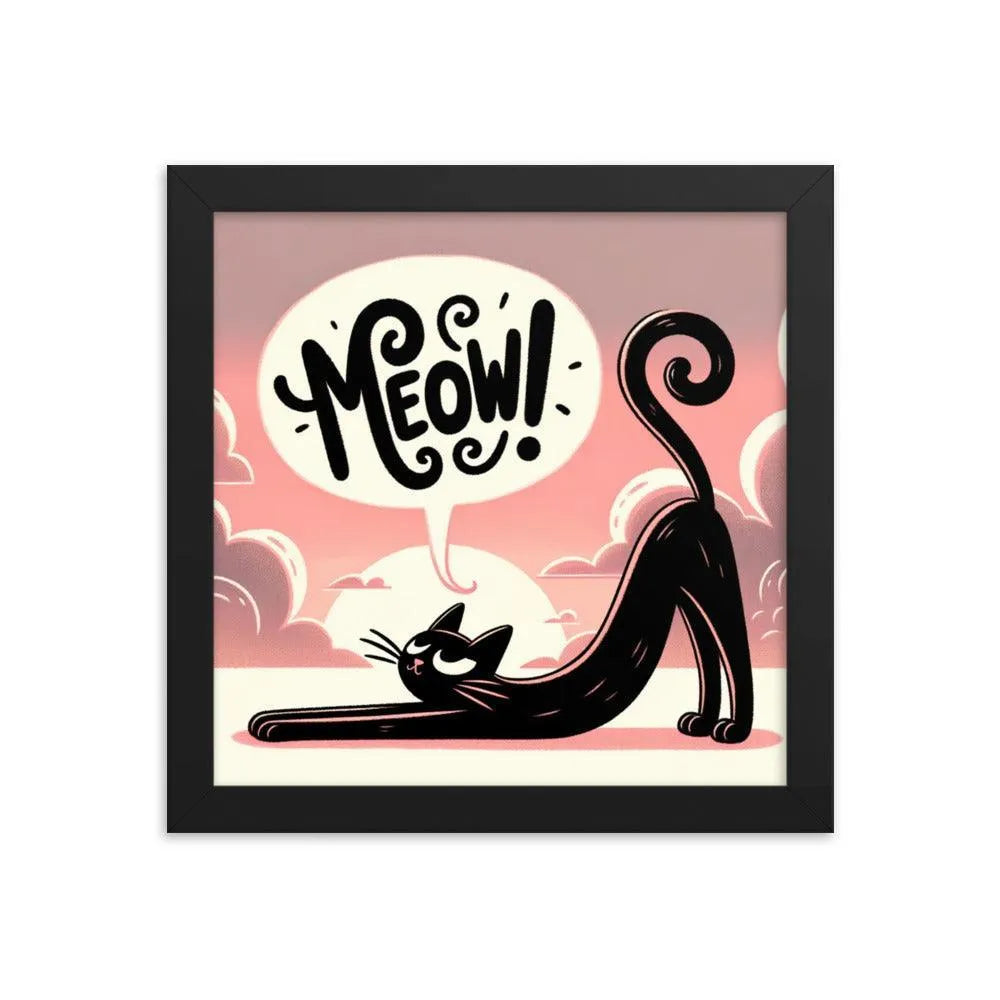 Cat Stretching Saying Meow at Sunset Framed Poster - Oh Posters