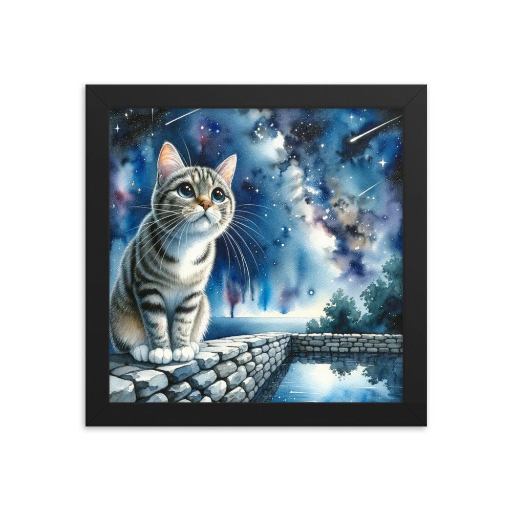 Cat on Wall under Starry Sky - Mystical Framed Poster - Oh Posters