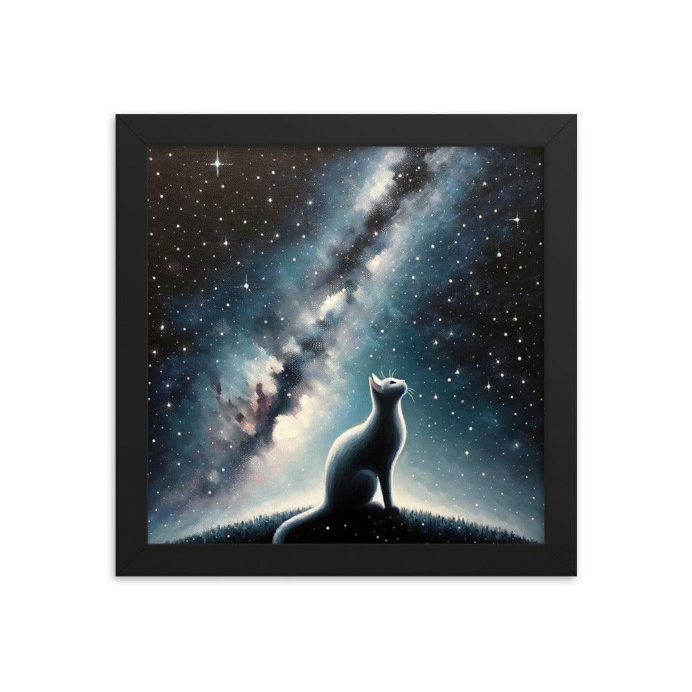 Cat on Hill Gazing at Moonlit Milky Way - Celestial Framed Poster - Oh Posters