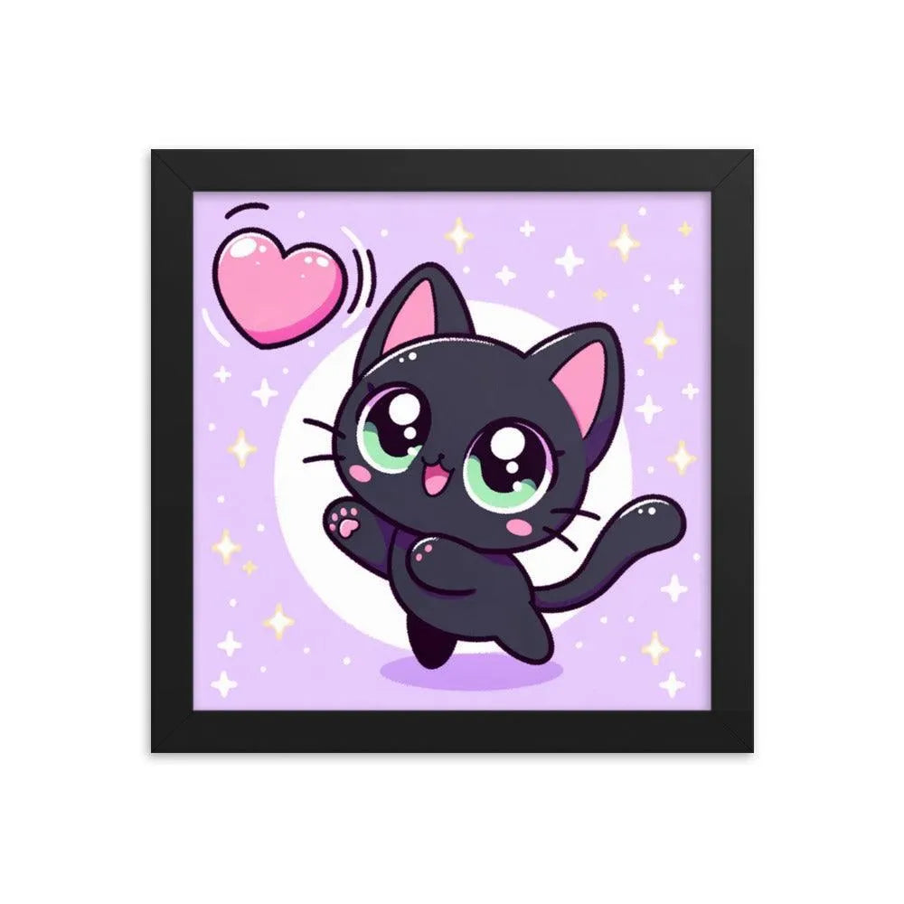 Kawaii Black Cat Heart Balloon Cute Illustration Framed Poster - Oh Posters