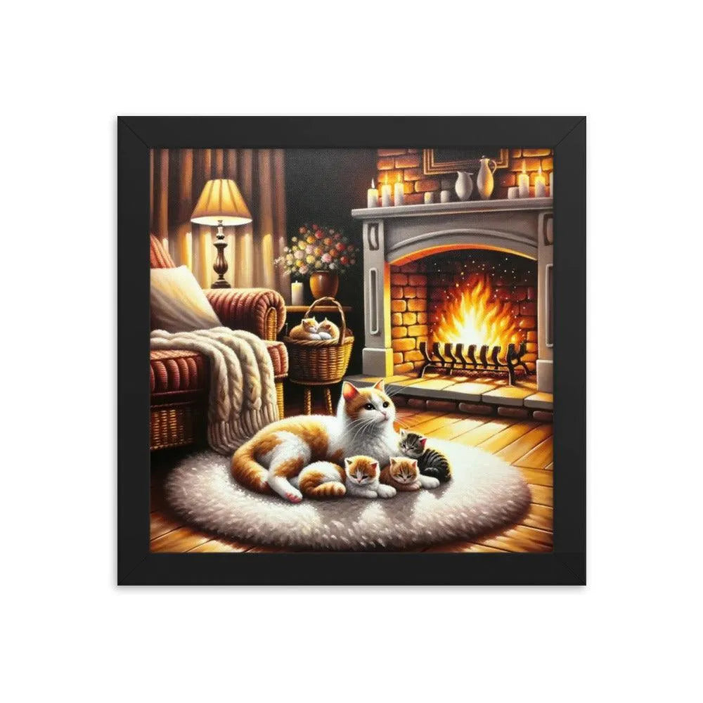 Cozy Fireplace Cat and Kittens Relaxing Art Framed Poster - Oh Posters