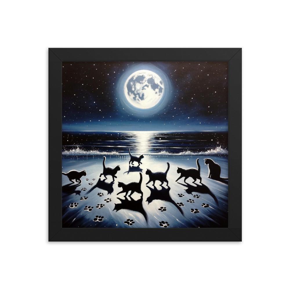 Cats Playing Tag on Moonlit Beach - Magical & Playful Framed Poster - Oh Posters