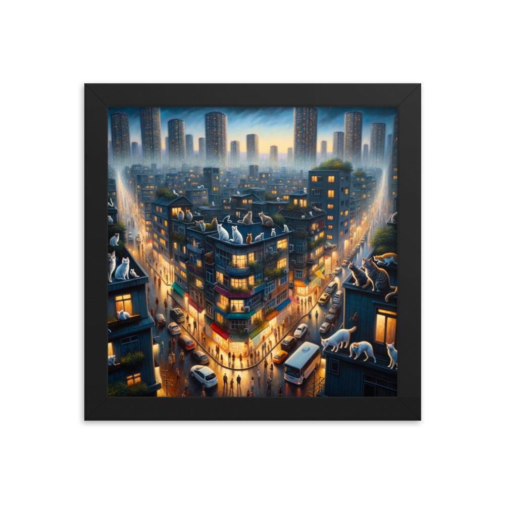 Cats' Twilight Cityscape Magical Glow Art Framed Poster - Oh Posters