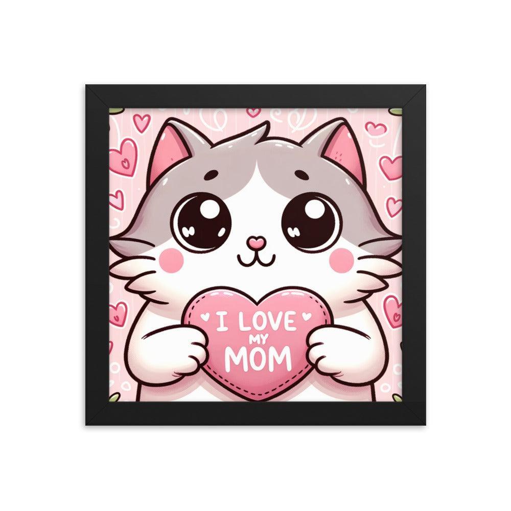 Cat Holding 'I Love My Mom' Sign on Lavender Heart Backdrop - Affectionate & Playful Framed Poster - Oh Posters