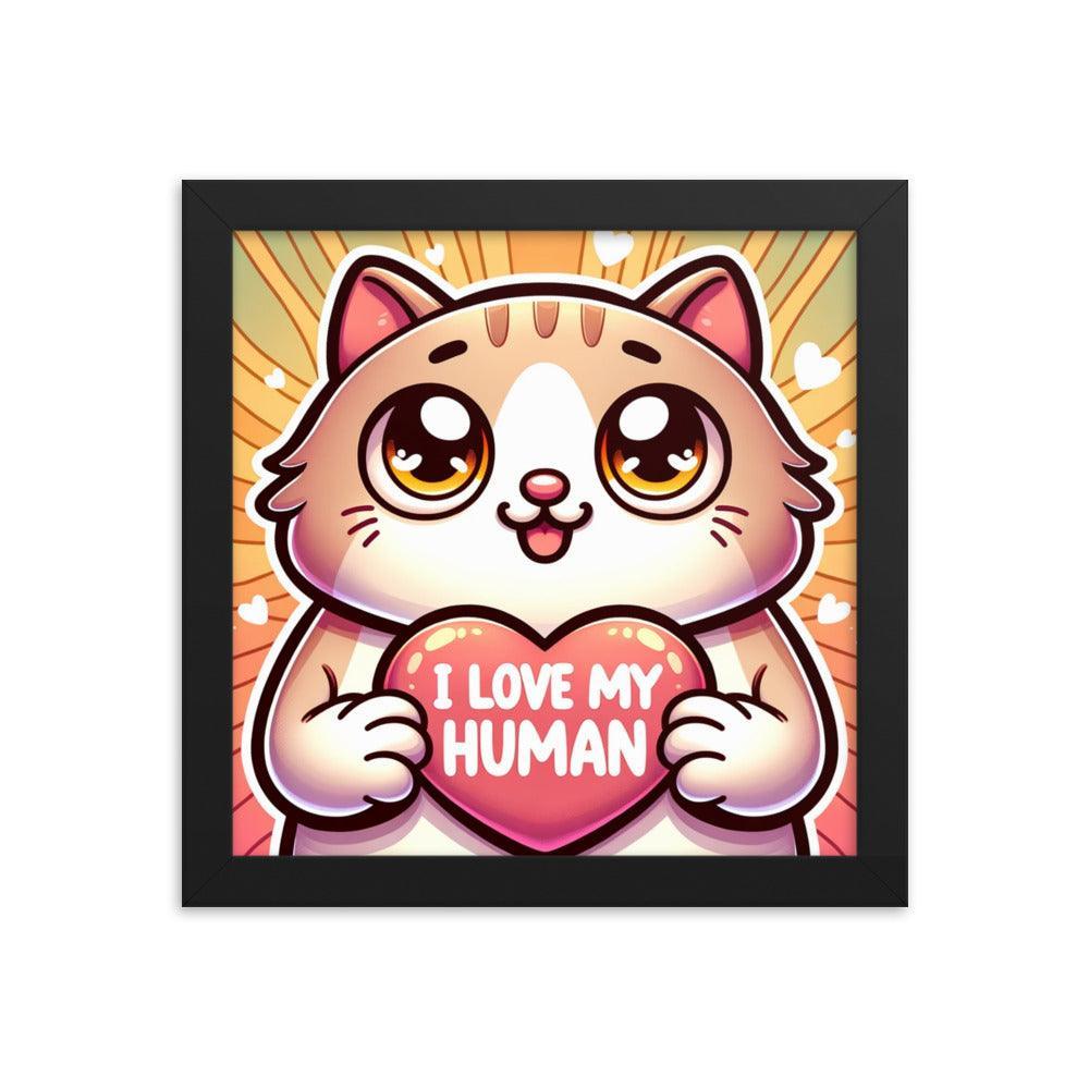 Cat with 'I Love My Human' Heart Sign on Warm Gradient - Affectionate Framed Poster - Oh Posters