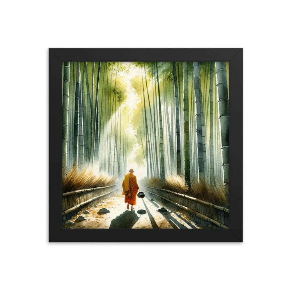 Monk in Bamboo Forest Collecting Dew - Serene Morning Reverie Framed Poster - Oh Posters