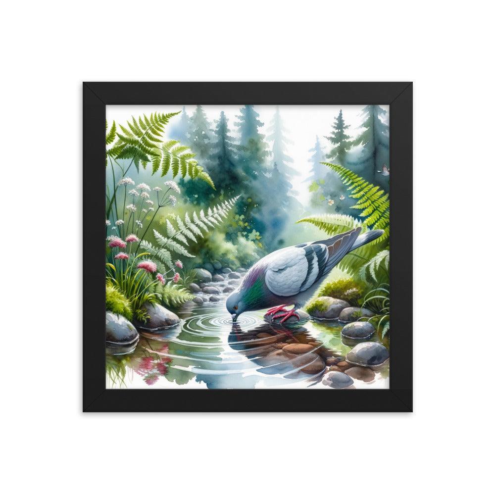 Pigeon Drinking from Forest Stream Art Framed Poster - Oh Posters