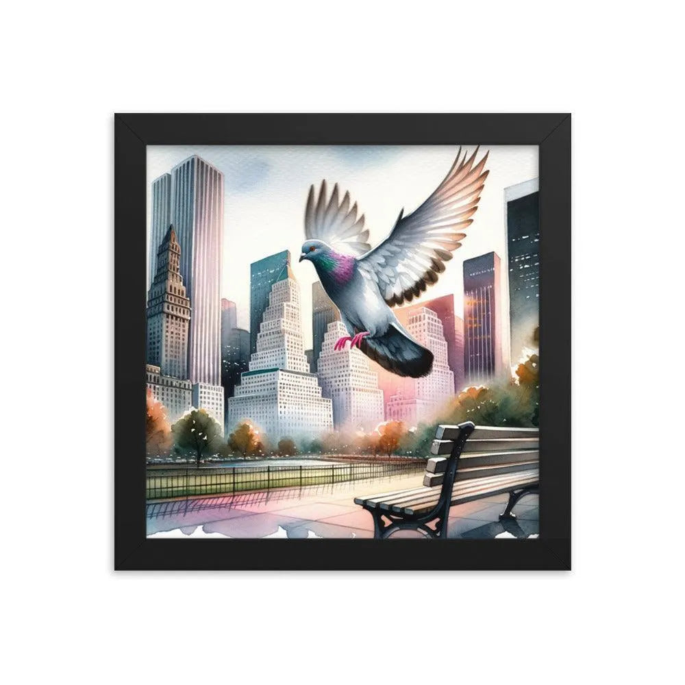 Urban Pigeon Over City Park Watercolor Illustration Framed Poster - Oh Posters