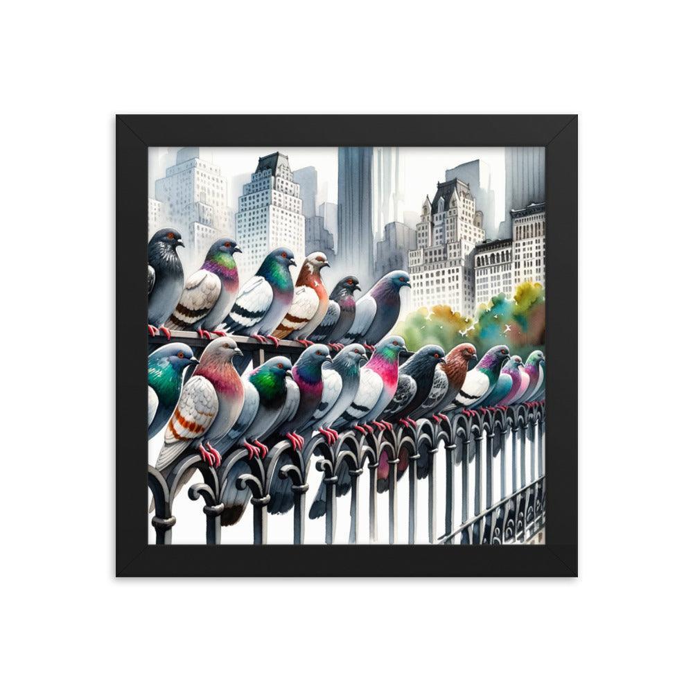 City Pigeons Flock Watercolor Skyline View Framed Poster - Oh Posters