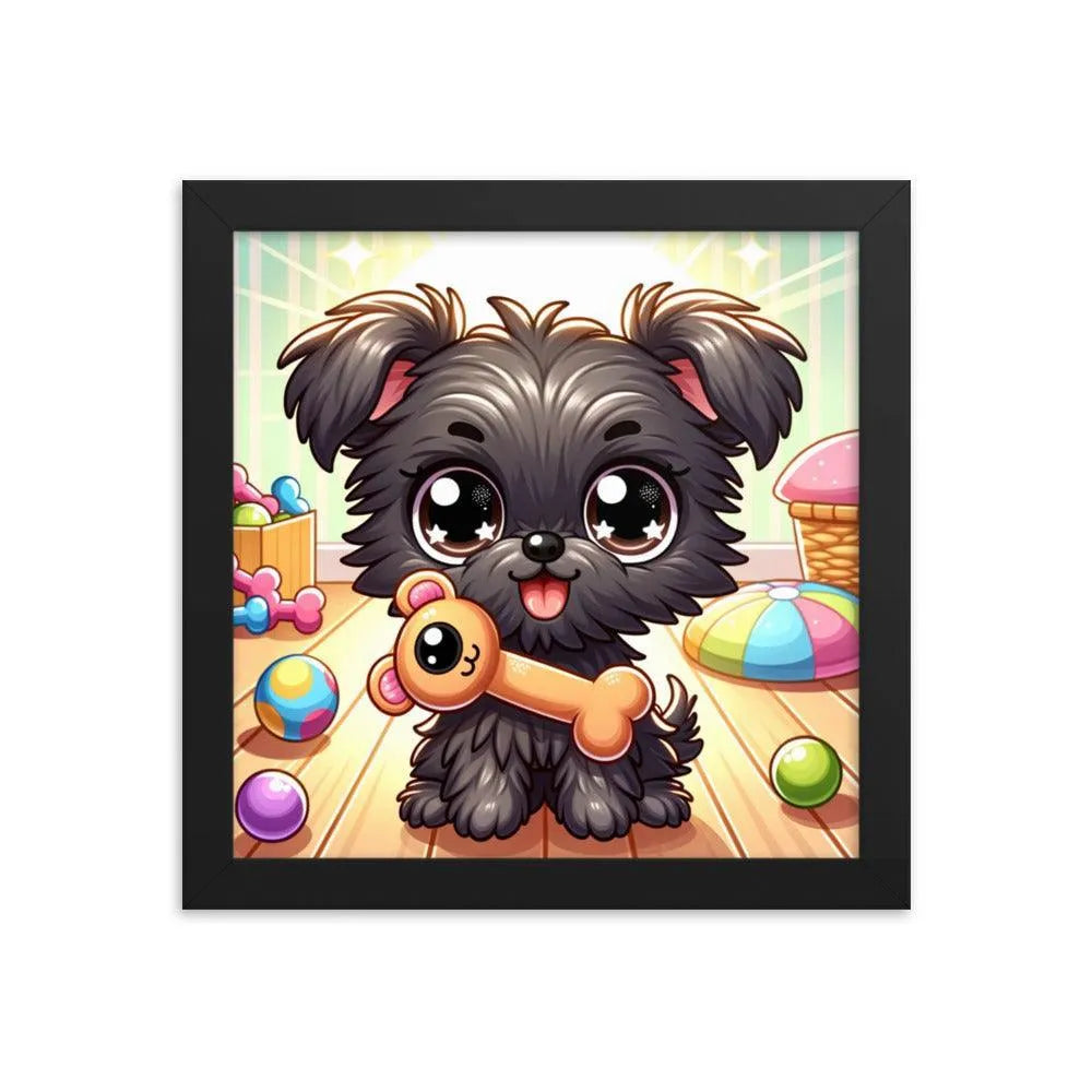 Cute Affenpinscher Puppy with Toy - Playful Charm in Cartoon Framed Poster - Oh Posters