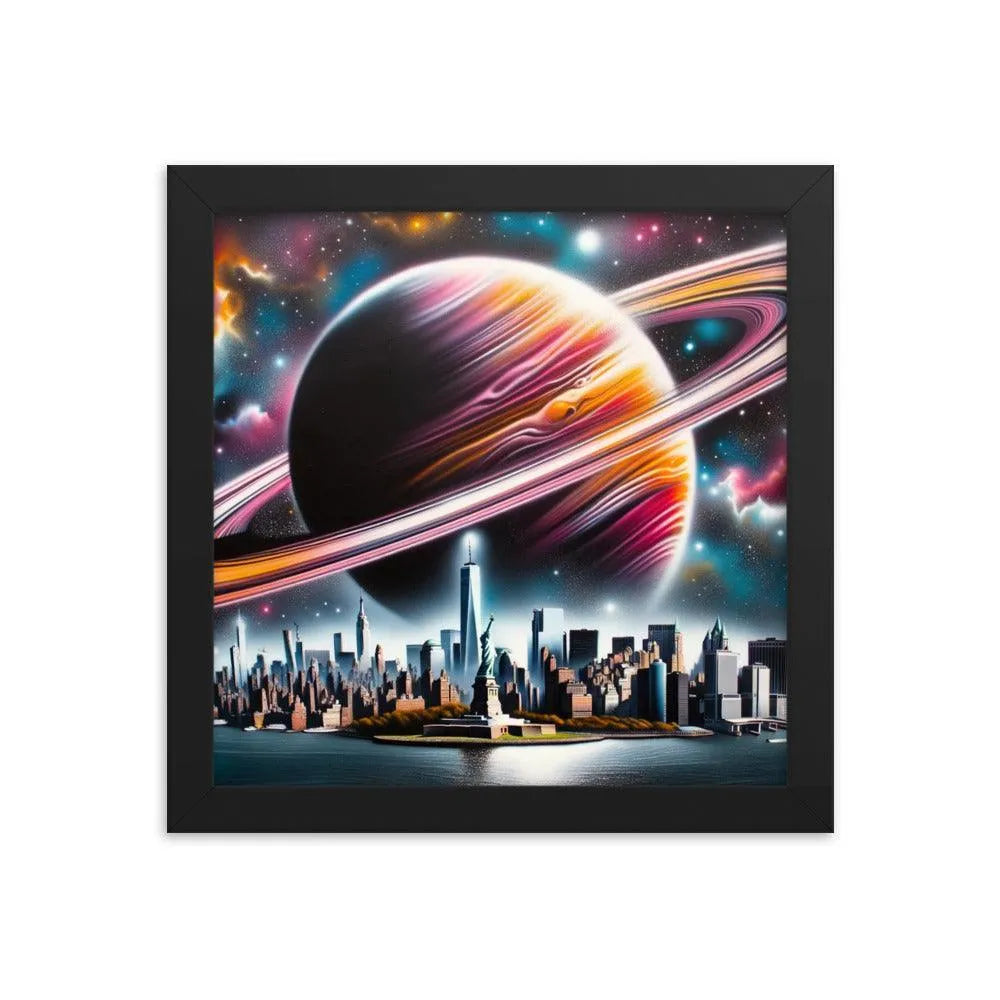 Futuristic New York City Skyline with Saturn Spray Paint Art Framed Poster - Oh Posters