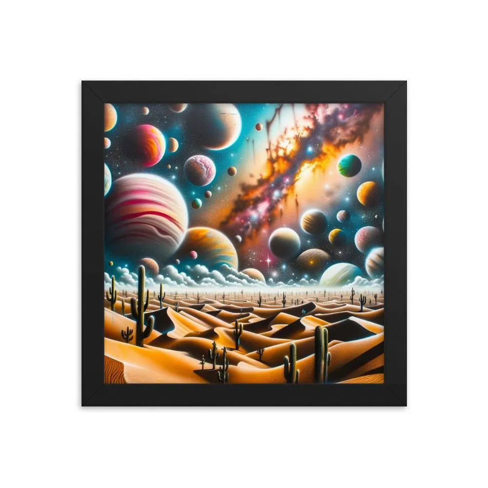 Desert Landscape with Colorful Graffiti Planets Spray Paint Art Framed Poster - Oh Posters