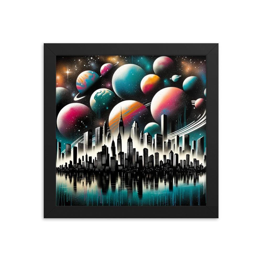 Cityscape Silhouette with Cosmic Planet Sky Spray Paint Art Framed Poster - Oh Posters