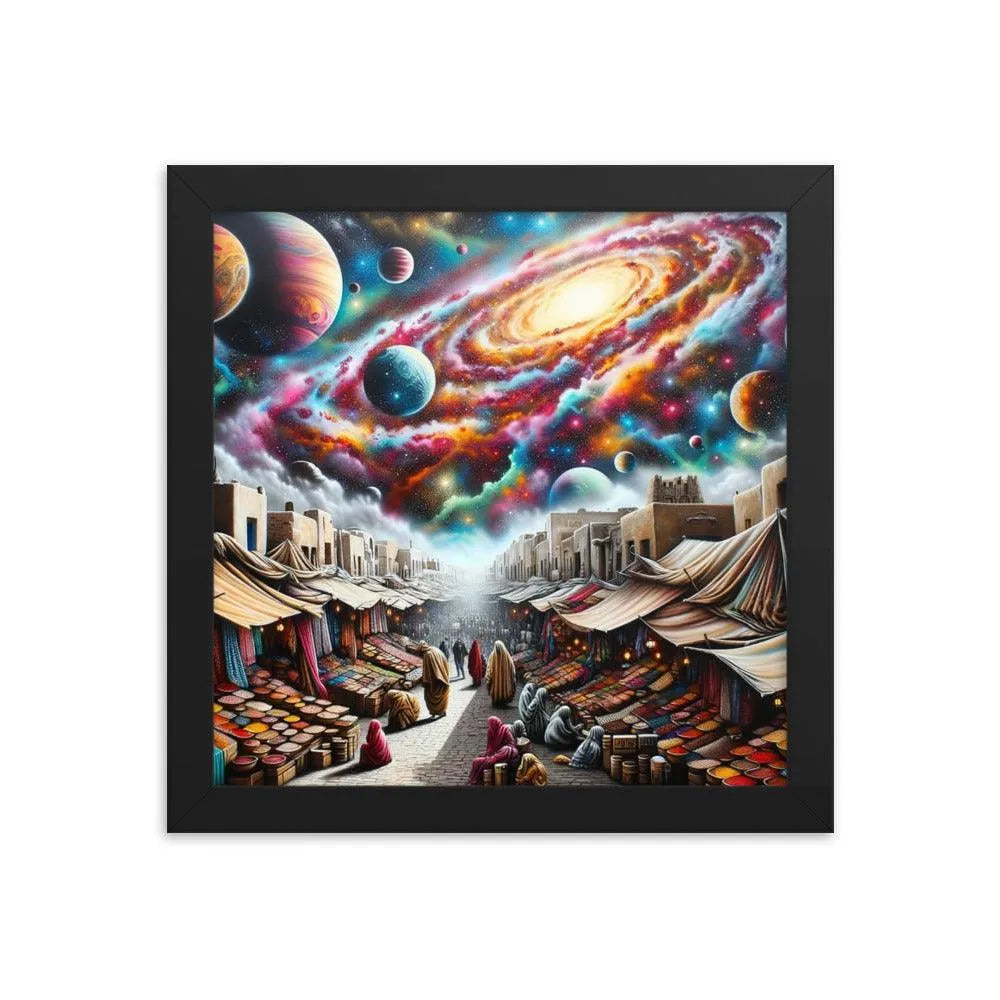 Desert Bazaar Oasis Under Cosmic Sky Spray Paint Art Framed Poster - Oh Posters