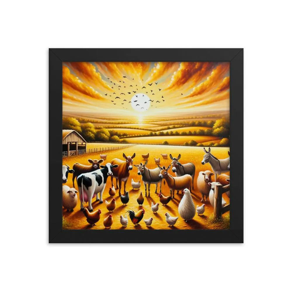 Golden Hour Farm Animals Acrylic Painting Framed Poster - Oh Posters