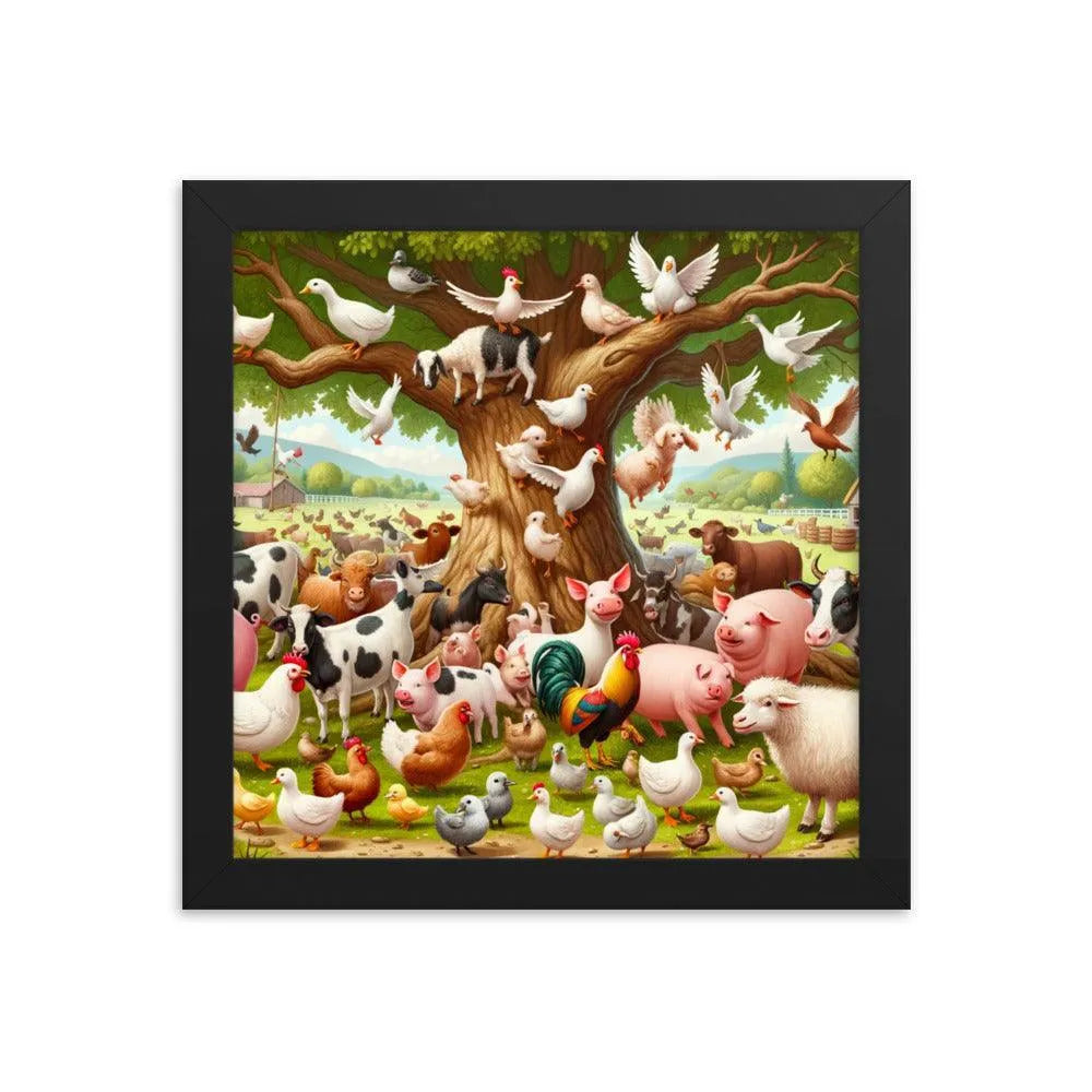 Diverse Farm Animal Gathering Illustration Framed Poster - Oh Posters