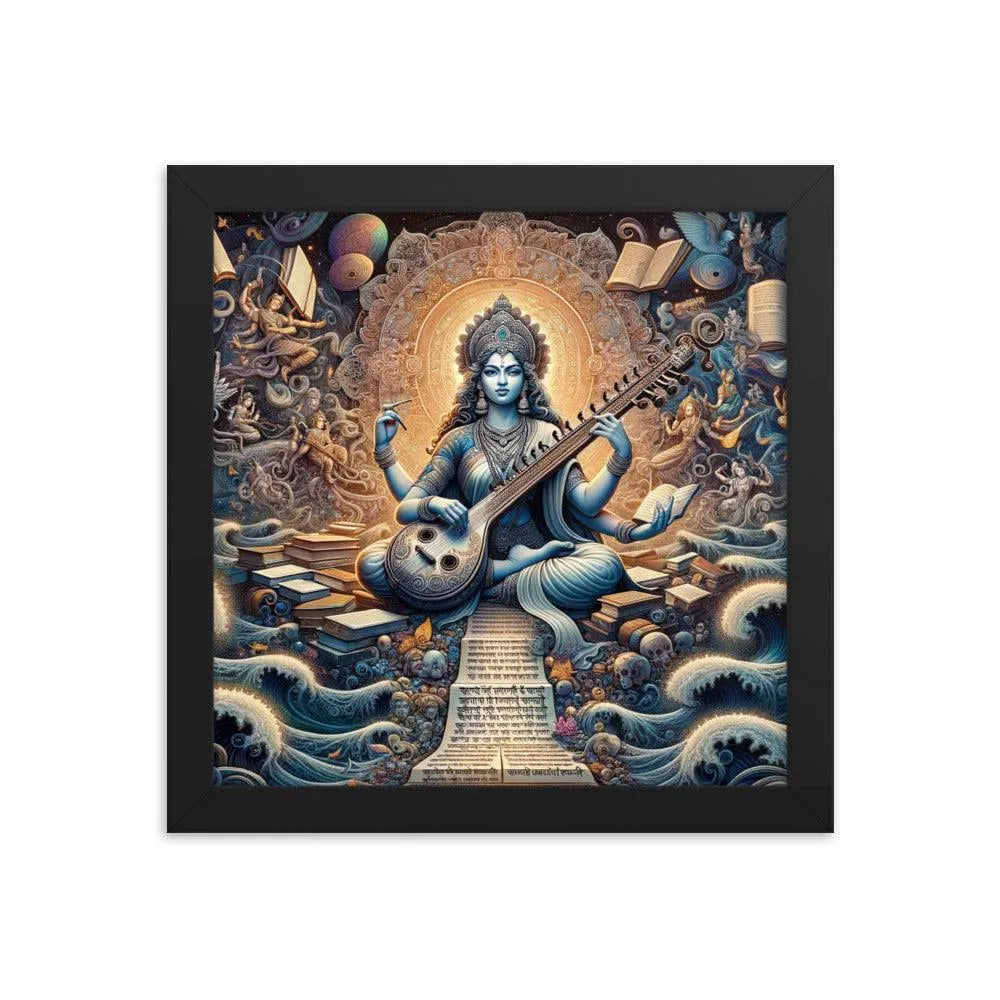 Goddess Saraswati Playing Veena amidst a Lush Landscape Hindu Artistic Framed Poster - Oh Posters