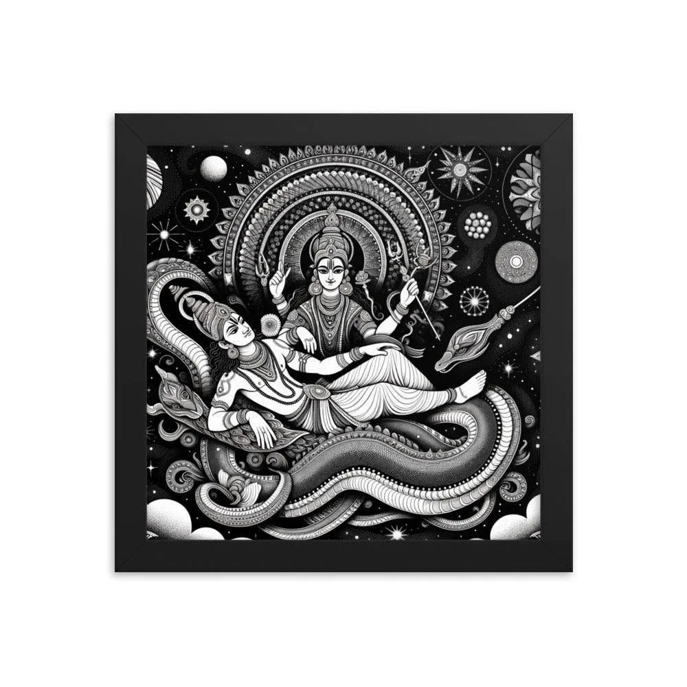 Hindu Lord Vishnu and Goddess Lakshmi Cosmic Serpent Divine Art Framed Poster - Oh Posters