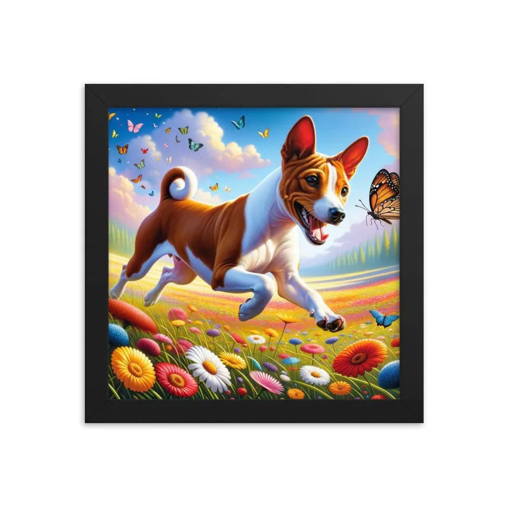 Energetic Basenji Dog Chasing Butterfly in Vibrant Meadow Landscape Framed Poster - Oh Posters