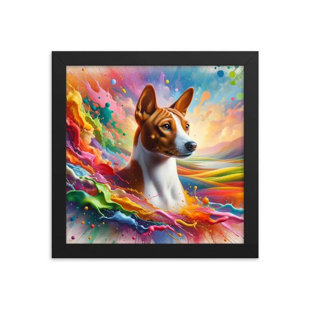 Realistic Basenji Dog Amidst Rainbow Splatter Framed Poster - Oh Posters