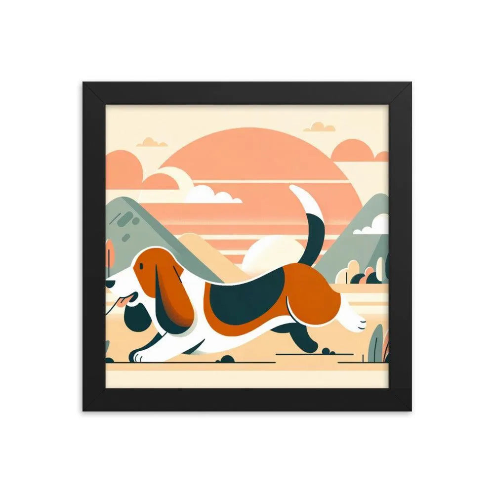 Joyful Basset Hound's Tail Chase Flat Art Framed Poster - Oh Posters