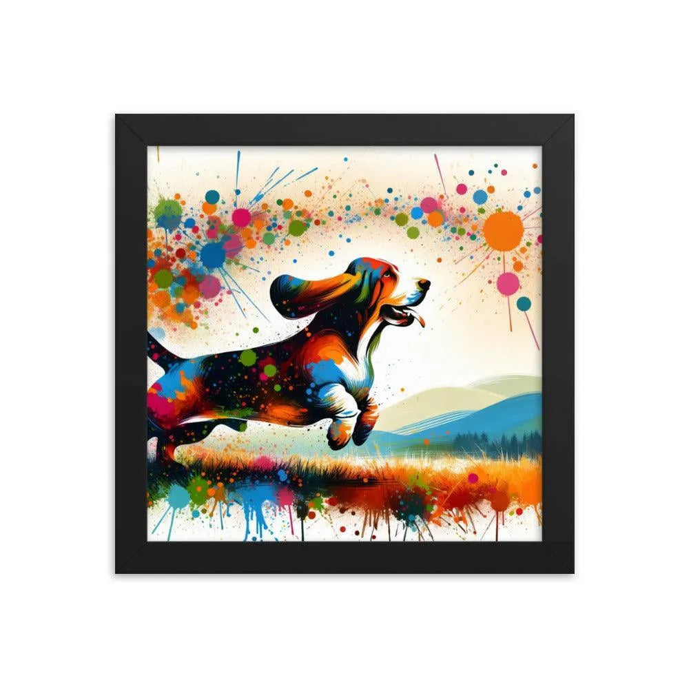 Joyful Basset Hound Playful Splatter Art Framed Poster - Oh Posters