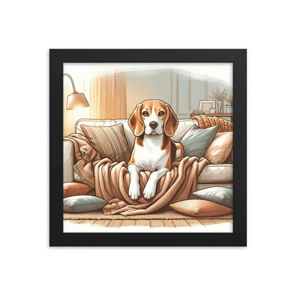 Cozy Beagle on the Couch Home Illustration Framed Poster - Oh Posters