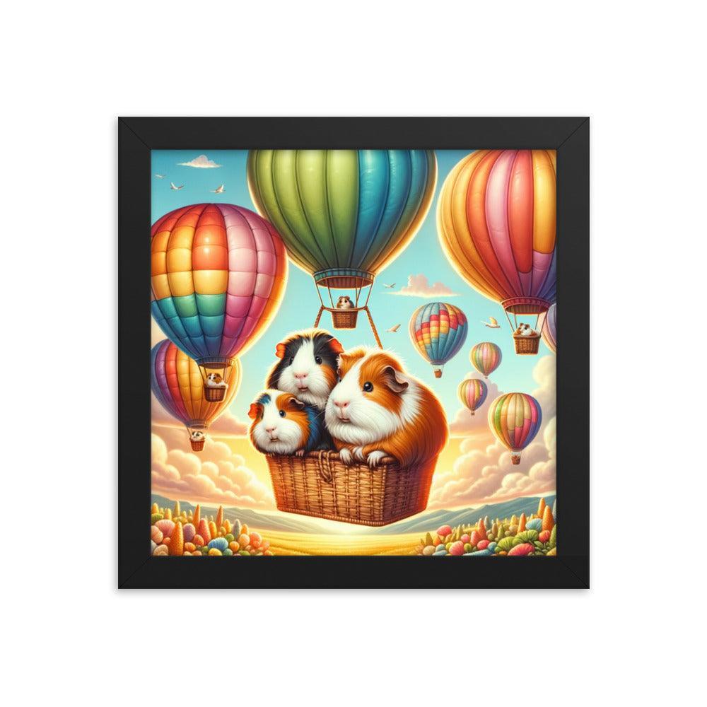 Guinea Pigs Soaring in Colorful Hot Air Balloons Illustration Framed Poster - Oh Posters