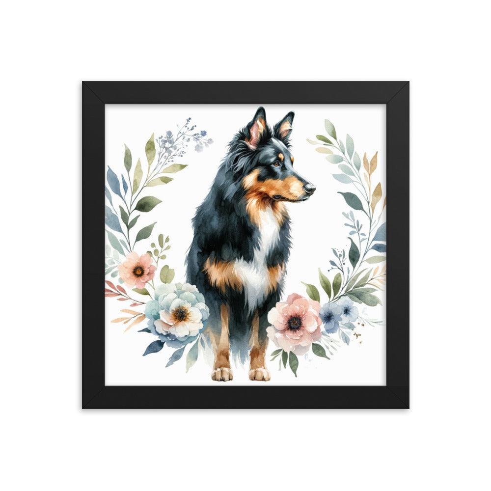 Elegant Beauceron Dog Poise with Soft Pastel Floral Watercolor Design Framed Poster - Oh Posters