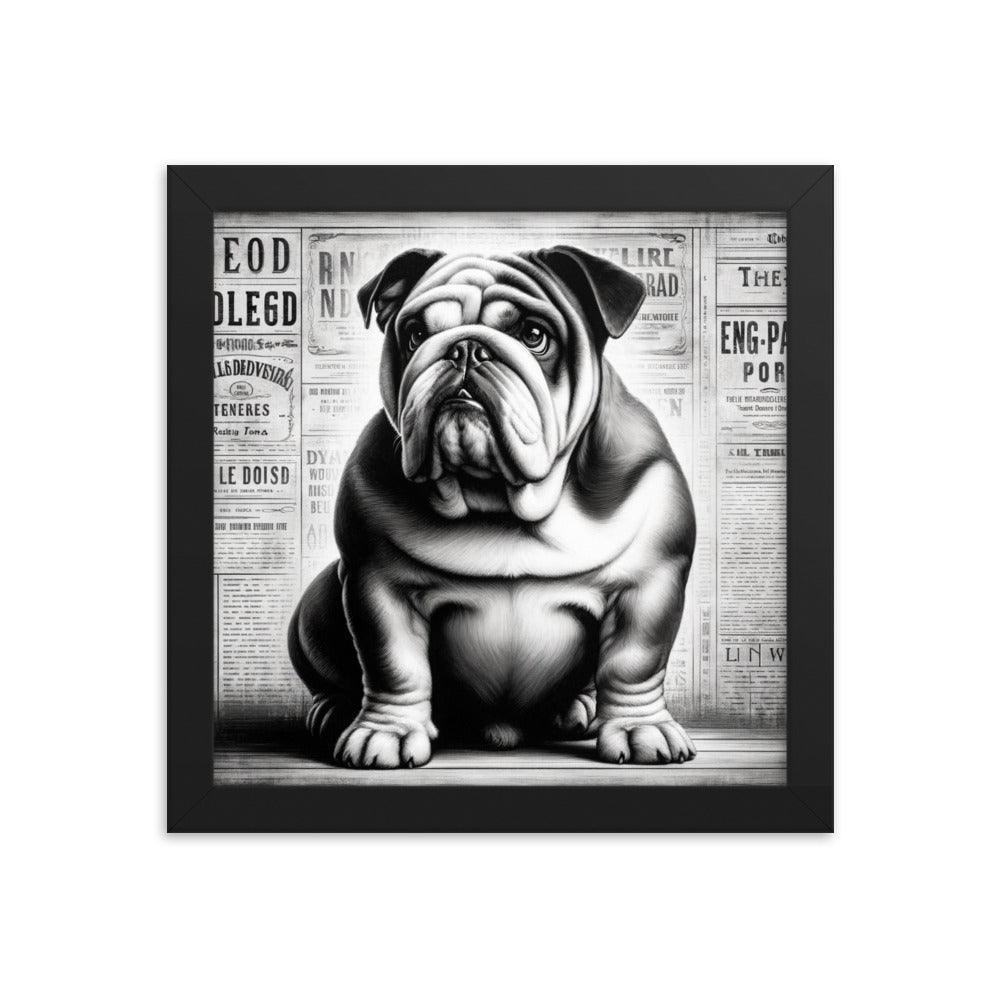 English Bulldog in Vintage Newspaper Style with Monochromatic Theme Art Framed Poster - Oh Posters