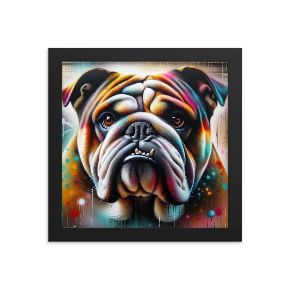 English Bulldog Graffiti Art with Vibrant Spray Paint and Urban Background Framed Poster - Oh Posters