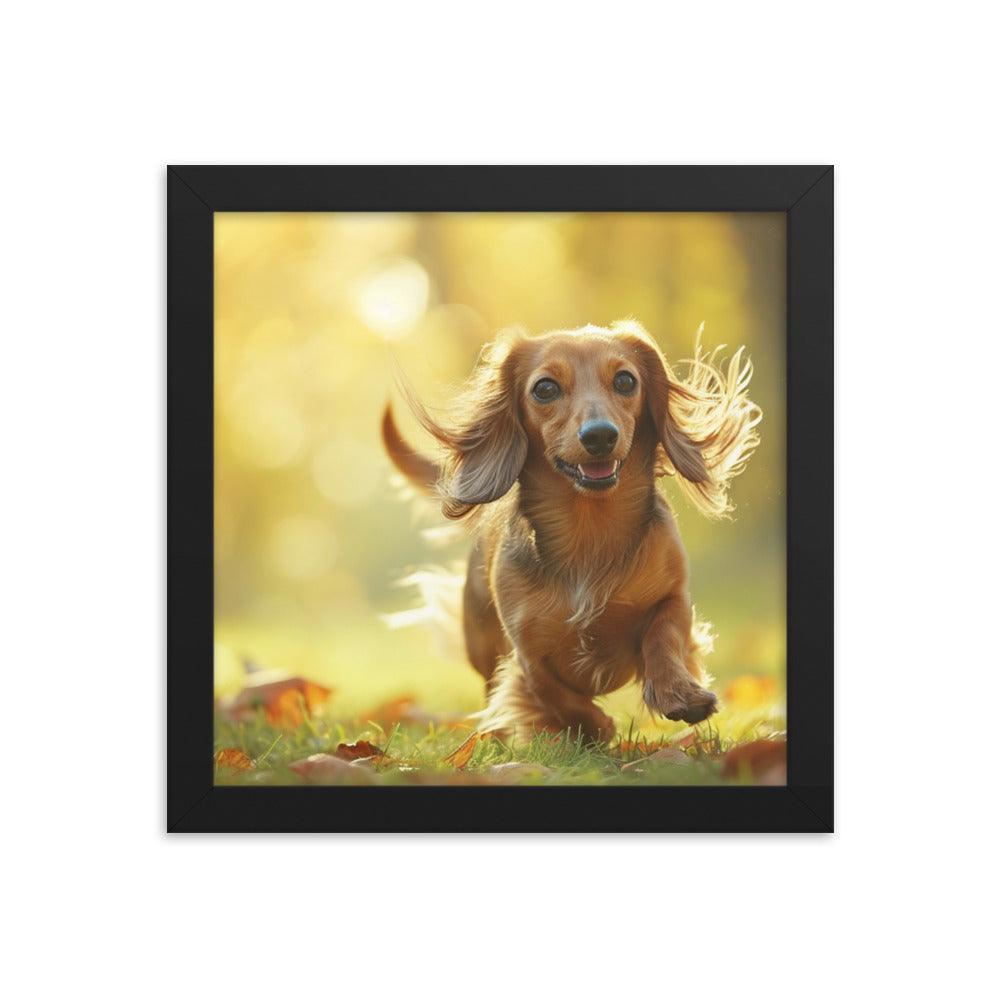 Joyful Long-Haired Dachshund's Playful in Autumn Framed Poster - Oh Posters