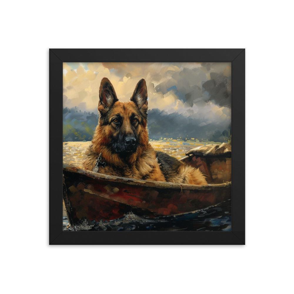 German Shepherd in Boat River Landscape Framed Poster - Oh Posters