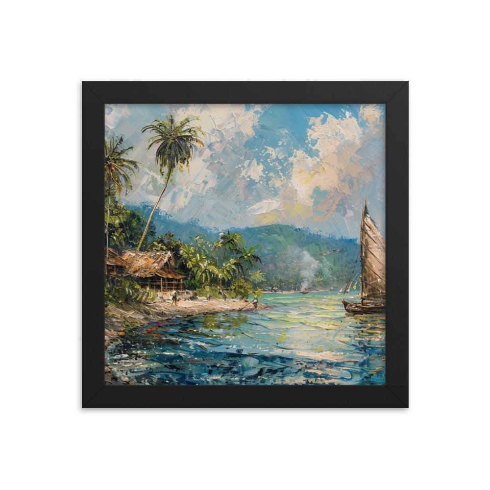 Comoros Beachside Hut and Sailboat Tropical Scene Framed Poster - Oh Posters