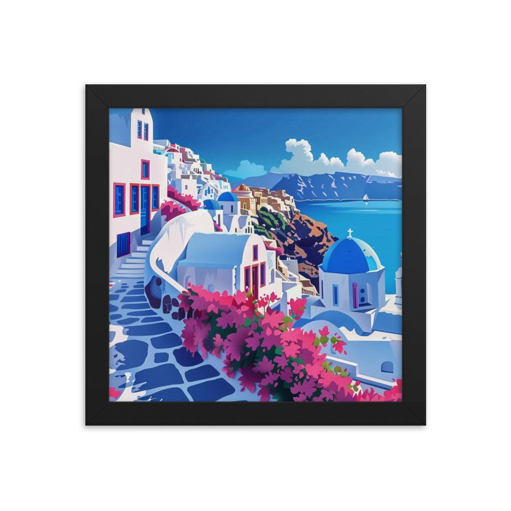 Greece Santorini Vibrant Floral Pathway Framed Poster - Oh Posters