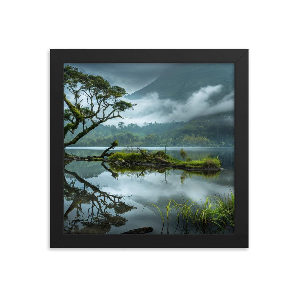 Indonesia Serene Lake Misty Mountains Framed Poster - Oh Posters