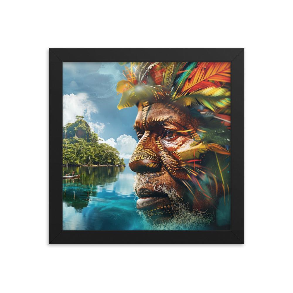 Papua New Guinea Indigenous Portrait and Island Landscape Framed Poster - Oh Posters