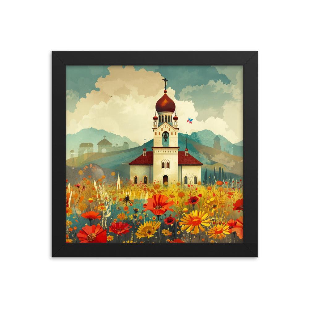 Romania Mountain Church Field of Flowers Framed Poster - Oh Posters