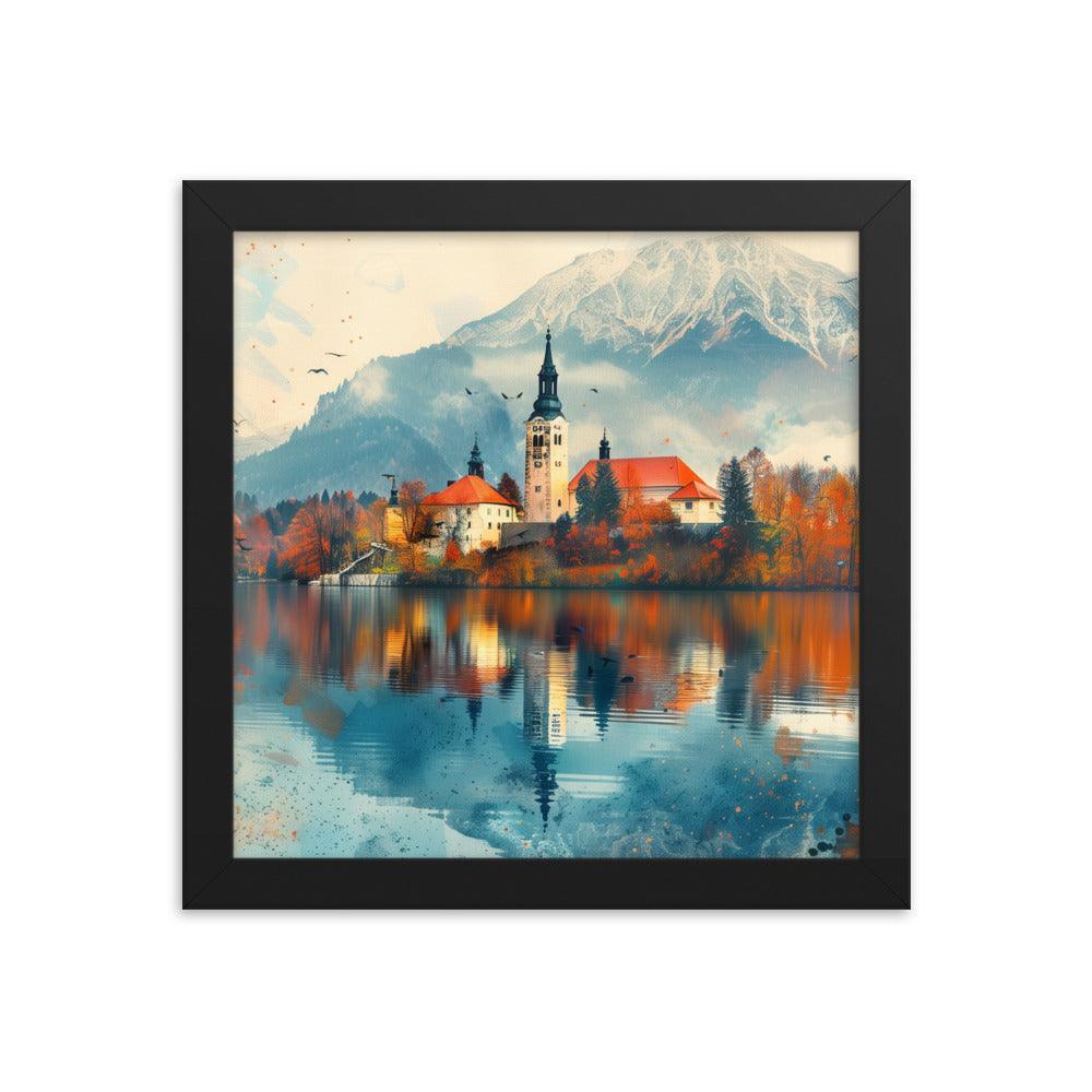 Slovenia Autumn Lakeside Church Reflection Framed Poster - Oh Posters