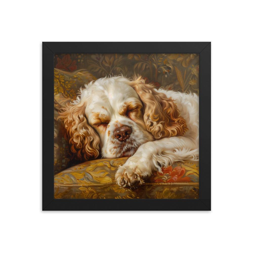 Clumber Spaniel Sleeping on Floral Sofa Painting Framed Poster - Oh Posters